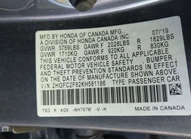 Photo 8 VIN: 2HGFC2F82KH581186 - HONDA CIVIC SEDAN 