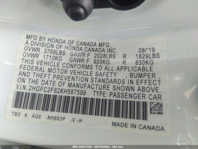 Photo 8 VIN: 2HGFC2F82KH587599 - HONDA CIVIC SEDAN 