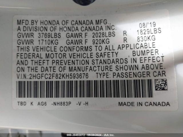 Photo 8 VIN: 2HGFC2F82KH593676 - HONDA CIVIC 