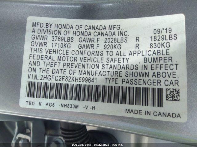 Photo 8 VIN: 2HGFC2F82KH599641 - HONDA CIVIC SEDAN 