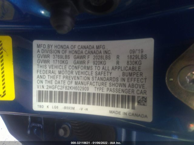 Photo 8 VIN: 2HGFC2F82KH602909 - HONDA CIVIC SEDAN 