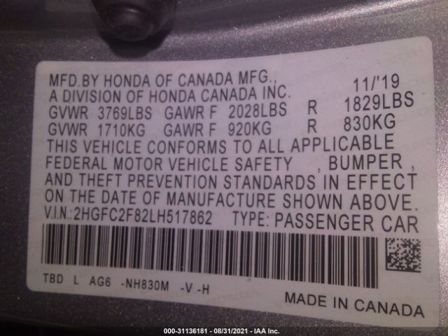 Photo 8 VIN: 2HGFC2F82LH517862 - HONDA CIVIC SEDAN 