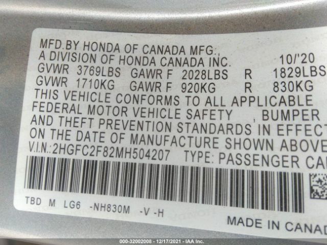 Photo 8 VIN: 2HGFC2F82MH504207 - HONDA CIVIC SEDAN 