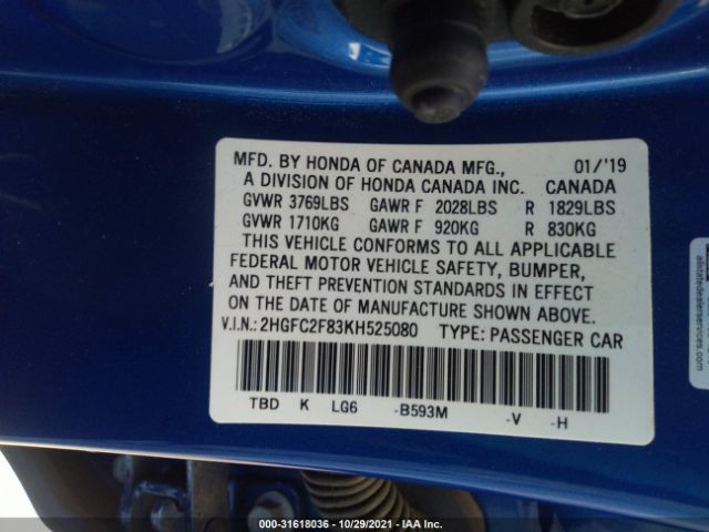 Photo 8 VIN: 2HGFC2F83KH525080 - HONDA CIVIC SEDAN 