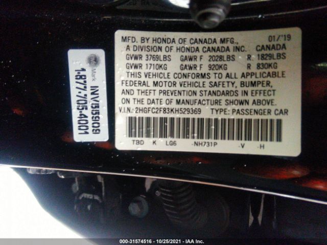 Photo 8 VIN: 2HGFC2F83KH529369 - HONDA CIVIC SEDAN 