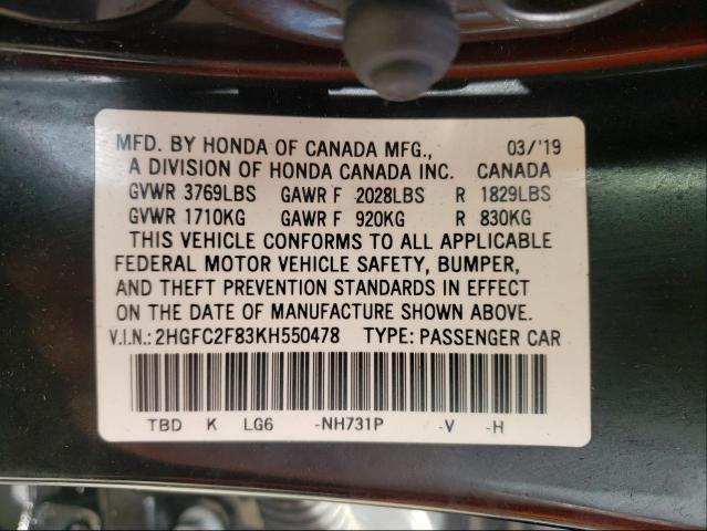 Photo 9 VIN: 2HGFC2F83KH550478 - HONDA CIVIC SPOR 