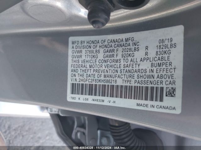 Photo 8 VIN: 2HGFC2F83KH586218 - HONDA CIVIC 