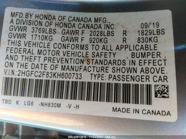 Photo 8 VIN: 2HGFC2F83KH600733 - HONDA CIVIC SEDAN 