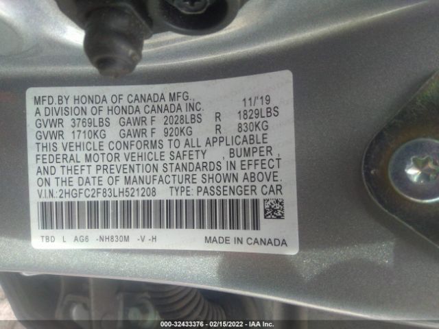 Photo 8 VIN: 2HGFC2F83LH521208 - HONDA CIVIC SEDAN 