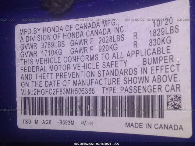 Photo 8 VIN: 2HGFC2F83MH506385 - HONDA CIVIC SEDAN 