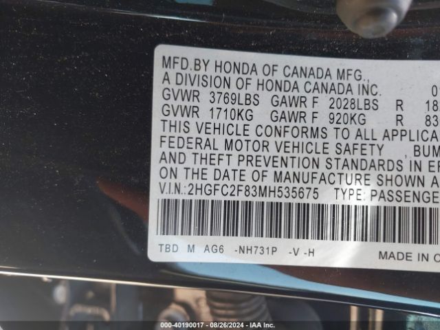 Photo 8 VIN: 2HGFC2F83MH535675 - HONDA CIVIC 