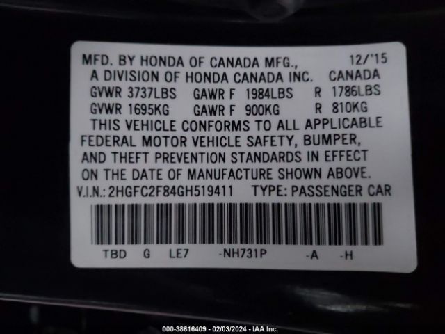 Photo 8 VIN: 2HGFC2F84GH519411 - HONDA CIVIC 