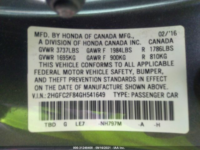 Photo 8 VIN: 2HGFC2F84GH541649 - HONDA CIVIC 