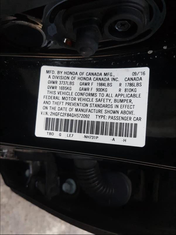 Photo 9 VIN: 2HGFC2F84GH572092 - HONDA CIVIC EX 