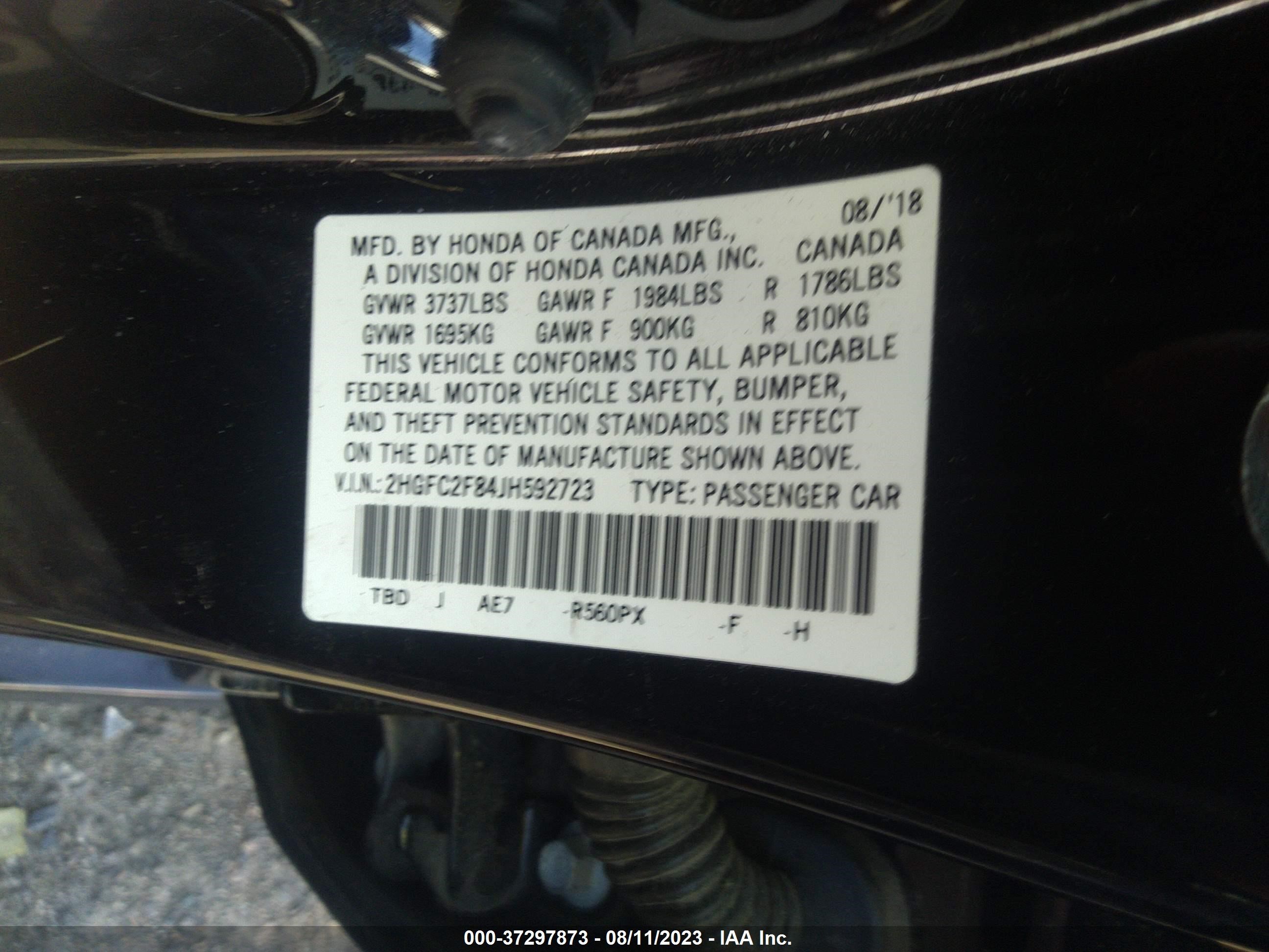 Photo 8 VIN: 2HGFC2F84JH592723 - HONDA CIVIC 