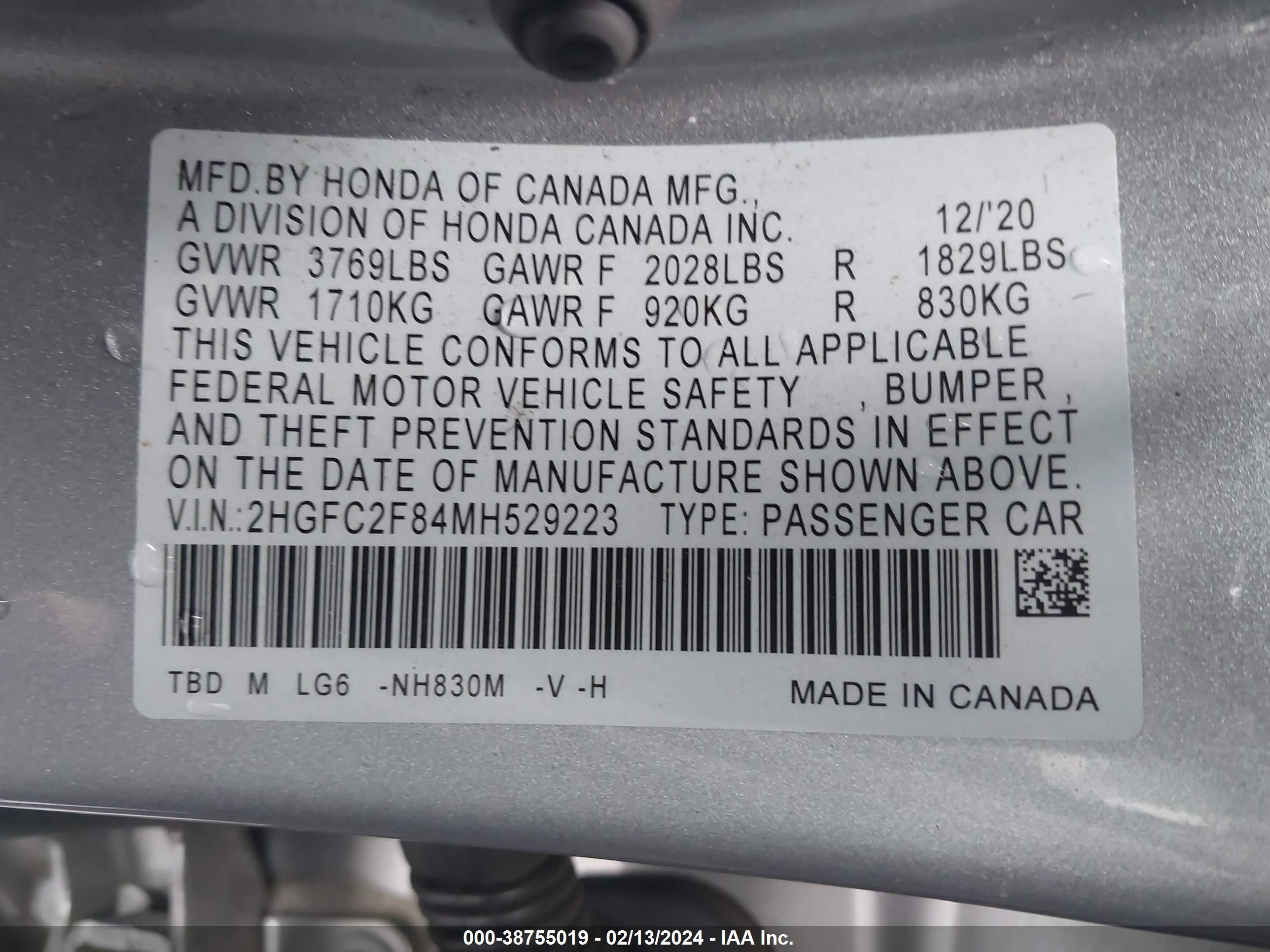 Photo 8 VIN: 2HGFC2F84MH529223 - HONDA CIVIC 