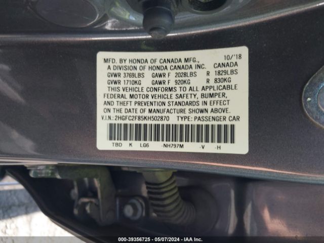 Photo 8 VIN: 2HGFC2F85KH502870 - HONDA CIVIC 