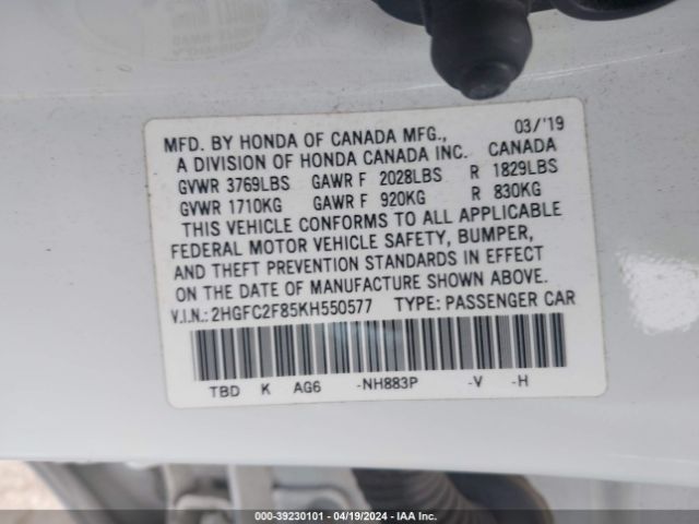 Photo 8 VIN: 2HGFC2F85KH550577 - HONDA CIVIC 