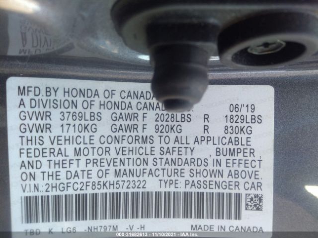 Photo 8 VIN: 2HGFC2F85KH572322 - HONDA CIVIC SEDAN 