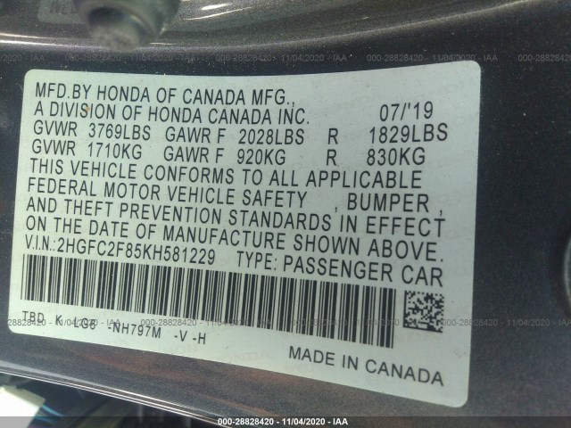 Photo 8 VIN: 2HGFC2F85KH581229 - HONDA CIVIC SEDAN 