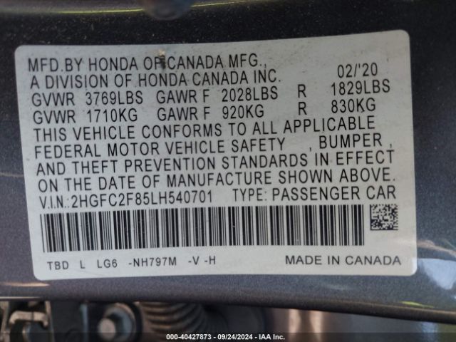 Photo 8 VIN: 2HGFC2F85LH540701 - HONDA CIVIC 