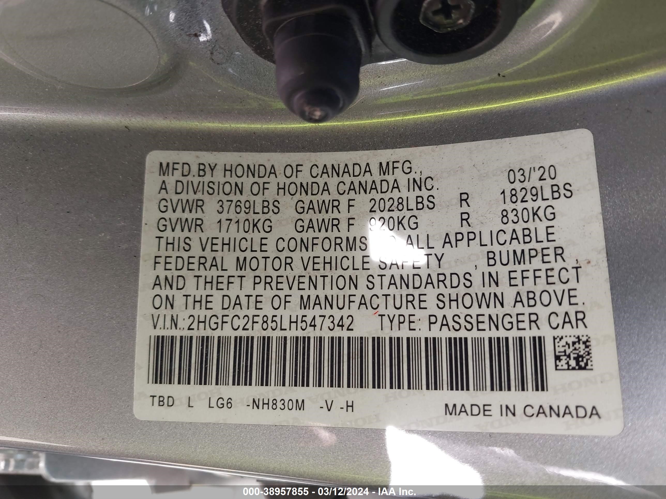 Photo 8 VIN: 2HGFC2F85LH547342 - HONDA CIVIC 