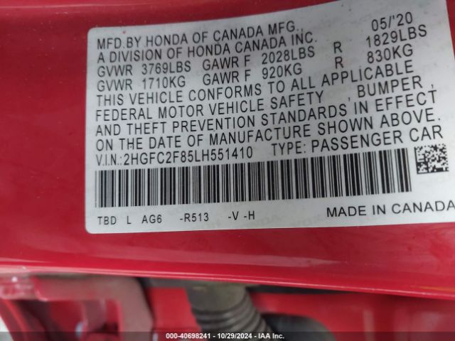 Photo 8 VIN: 2HGFC2F85LH551410 - HONDA CIVIC 