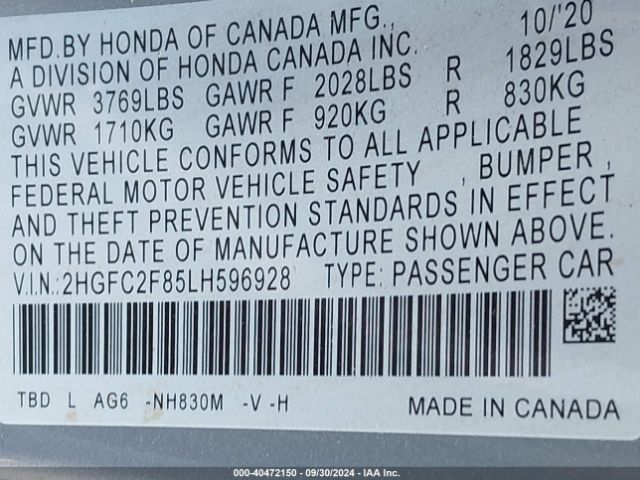 Photo 8 VIN: 2HGFC2F85LH596928 - HONDA CIVIC 