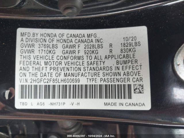 Photo 8 VIN: 2HGFC2F85LH600699 - HONDA CIVIC 