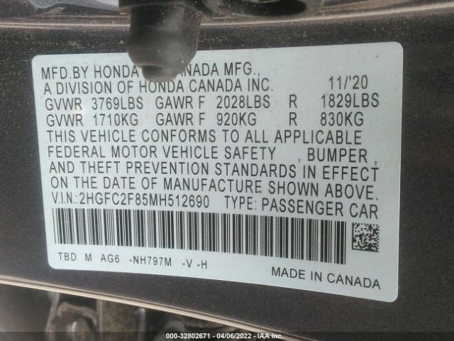 Photo 8 VIN: 2HGFC2F85MH512690 - HONDA CIVIC SEDAN 