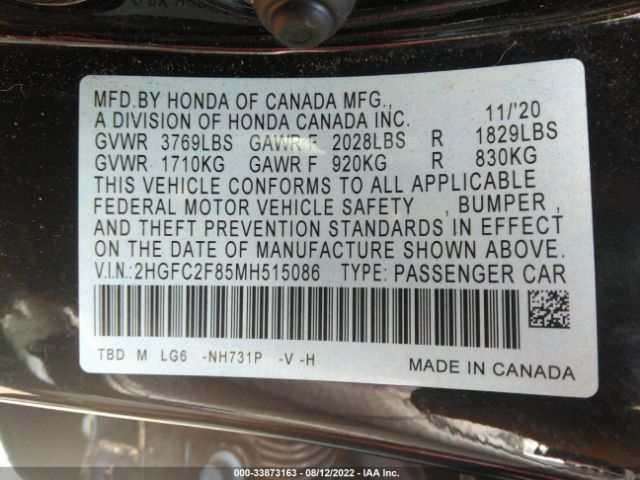 Photo 8 VIN: 2HGFC2F85MH515086 - HONDA CIVIC SEDAN 