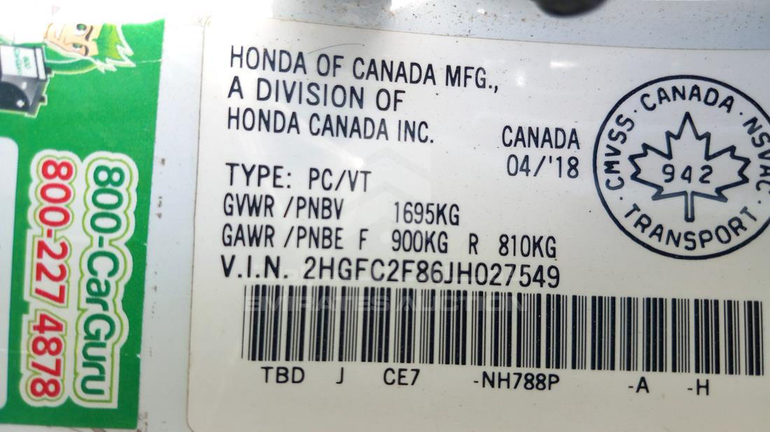 Photo 1 VIN: 2HGFC2F86JH027549 - HONDA CIVIC 