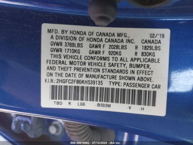 Photo 8 VIN: 2HGFC2F86KH539135 - HONDA CIVIC 