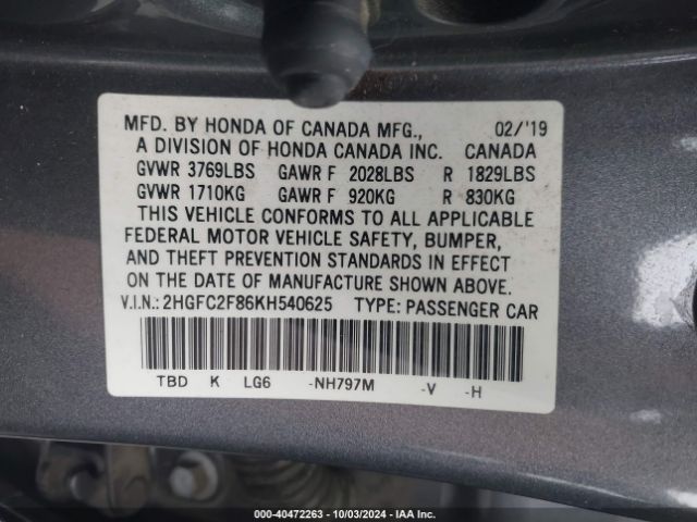 Photo 8 VIN: 2HGFC2F86KH540625 - HONDA CIVIC 