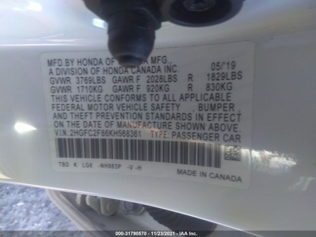 Photo 8 VIN: 2HGFC2F86KH568361 - HONDA CIVIC SEDAN 