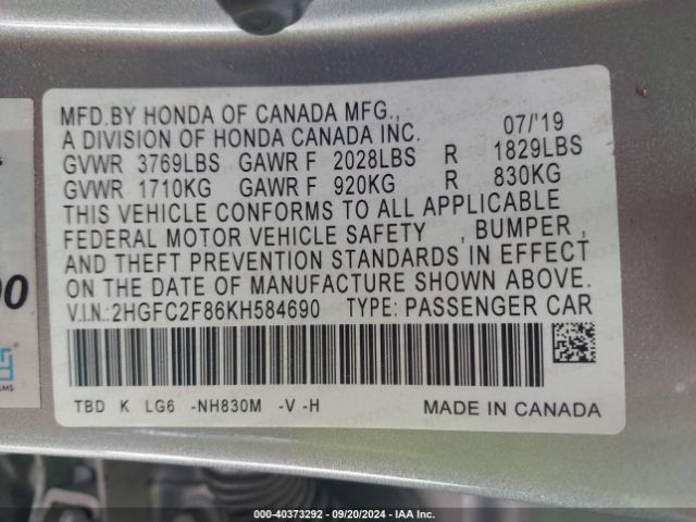 Photo 8 VIN: 2HGFC2F86KH584690 - HONDA CIVIC 