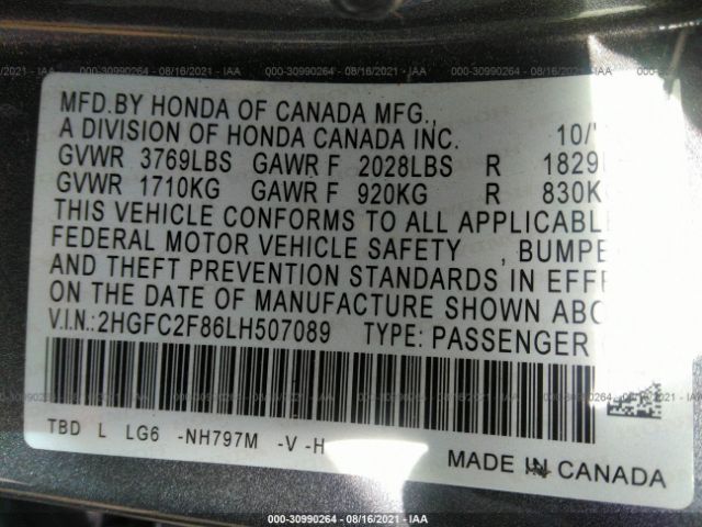 Photo 8 VIN: 2HGFC2F86LH507089 - HONDA CIVIC SEDAN 