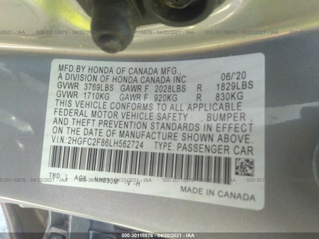 Photo 8 VIN: 2HGFC2F86LH562724 - HONDA CIVIC SEDAN 