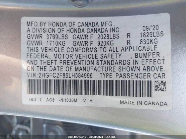 Photo 8 VIN: 2HGFC2F86LH584996 - HONDA CIVIC 