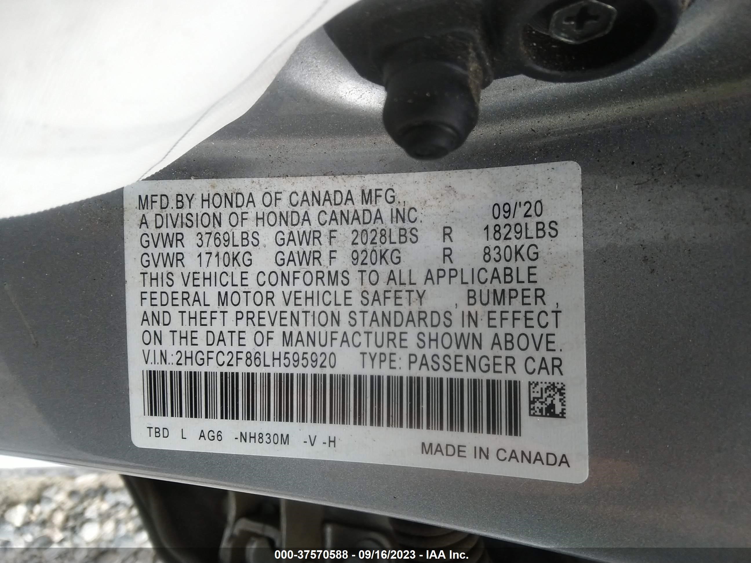 Photo 8 VIN: 2HGFC2F86LH595920 - HONDA CIVIC 