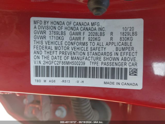 Photo 8 VIN: 2HGFC2F86MH500239 - HONDA CIVIC 