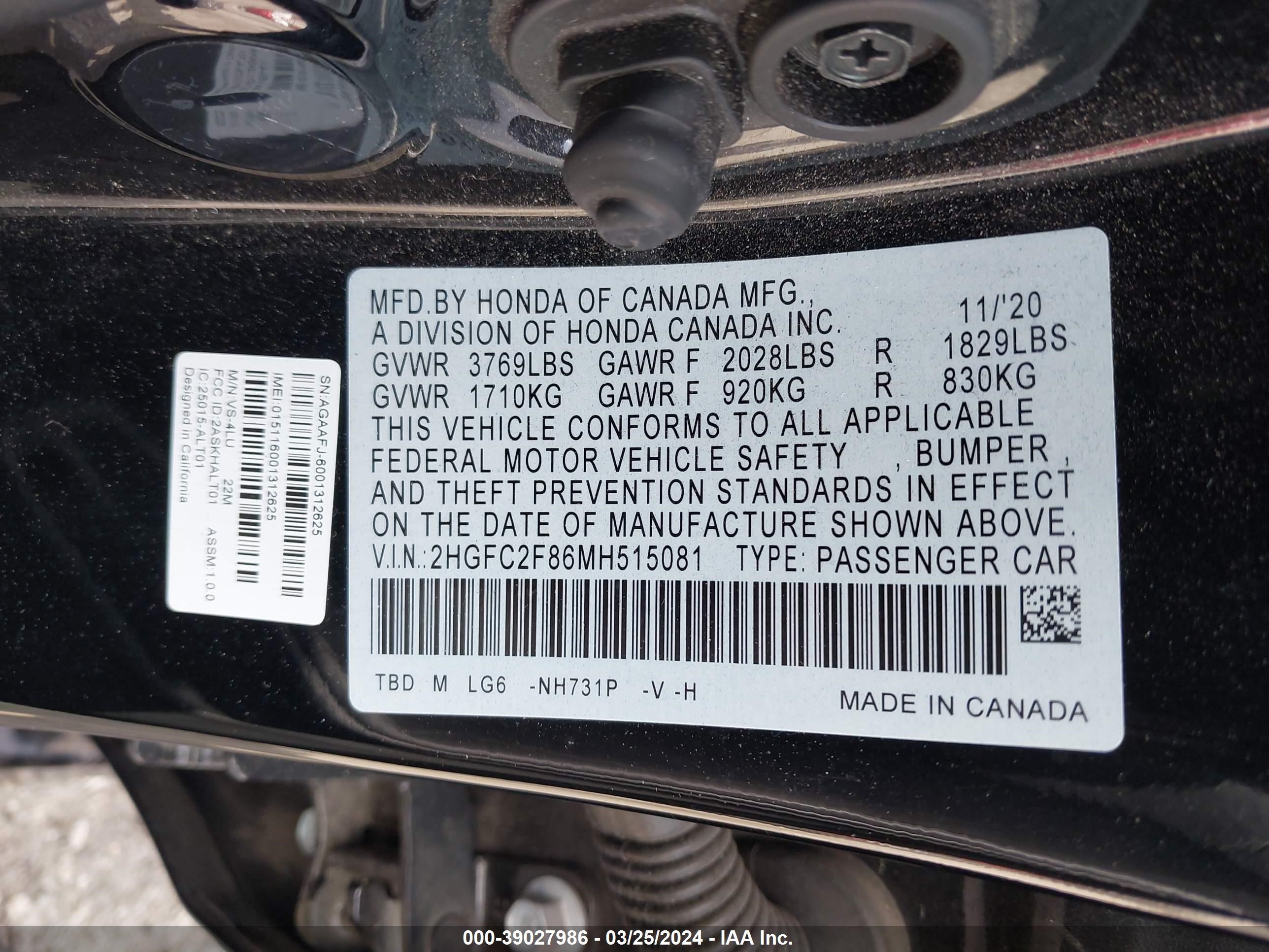 Photo 8 VIN: 2HGFC2F86MH515081 - HONDA CIVIC 