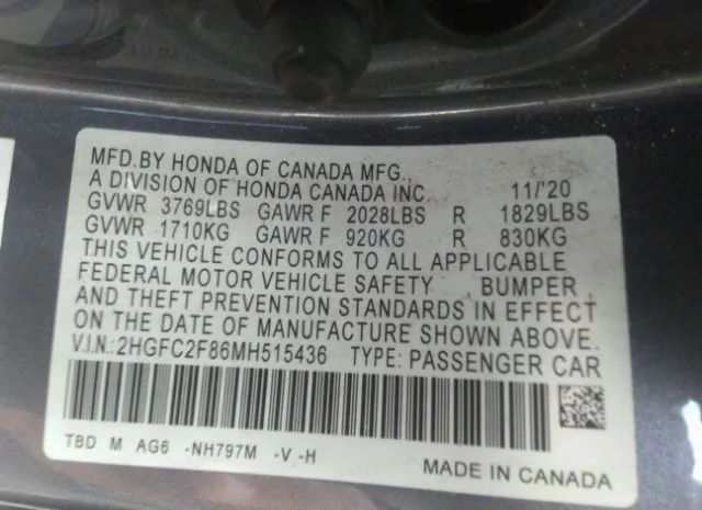 Photo 8 VIN: 2HGFC2F86MH515436 - HONDA CIVIC SEDAN 