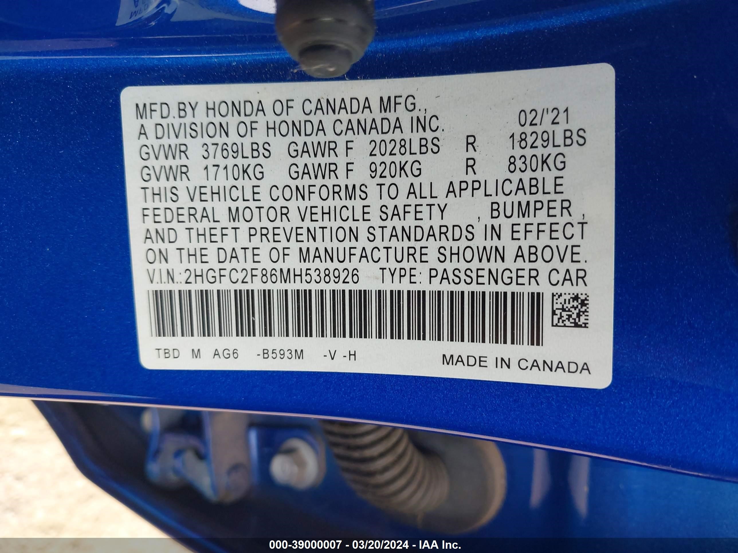 Photo 8 VIN: 2HGFC2F86MH538926 - HONDA CIVIC 