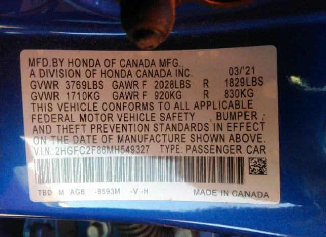 Photo 8 VIN: 2HGFC2F86MH549327 - HONDA CIVIC SEDAN 