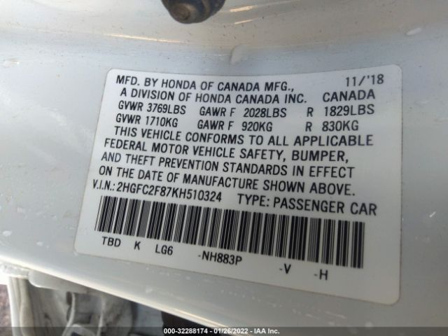 Photo 8 VIN: 2HGFC2F87KH510324 - HONDA CIVIC SEDAN 