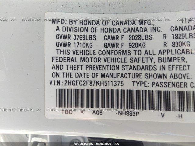 Photo 8 VIN: 2HGFC2F87KH511375 - HONDA CIVIC SEDAN 