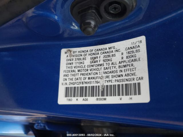 Photo 8 VIN: 2HGFC2F87KH511764 - HONDA CIVIC 