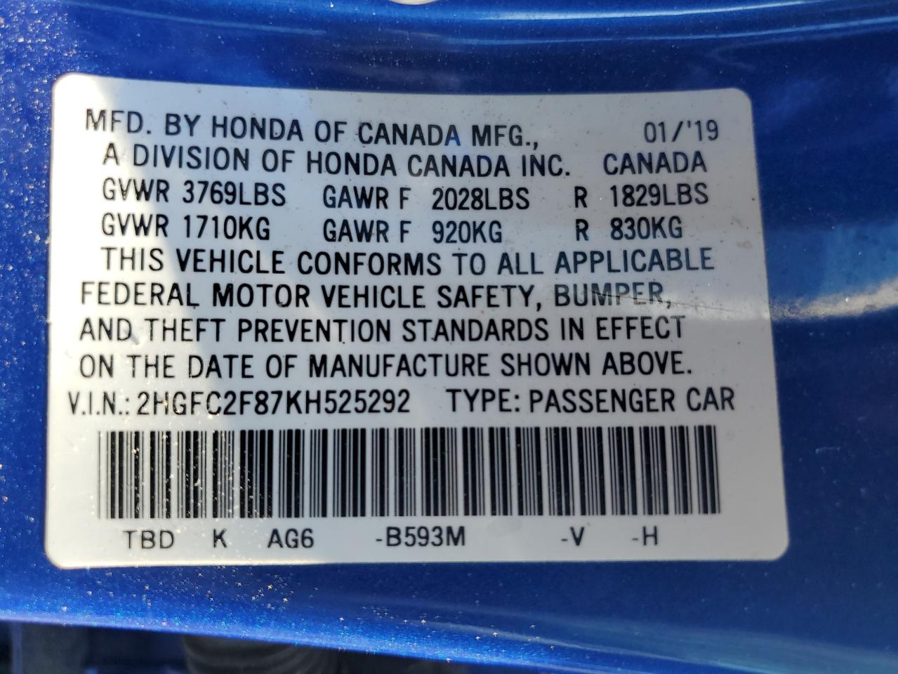 Photo 12 VIN: 2HGFC2F87KH525292 - HONDA CIVIC 