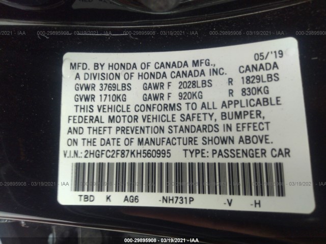 Photo 8 VIN: 2HGFC2F87KH560995 - HONDA CIVIC SEDAN 